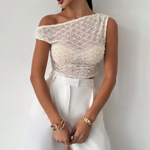 Apricot Casual Women's Asymmetric Neck Textured Knit Gathered Bodycon T-Shirt - Picture 5 of 7